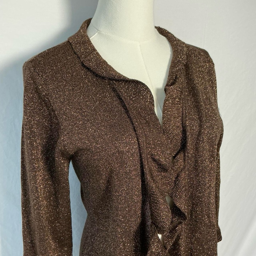 Dressbarn Brown Metallic Ruffle Cardigan Fairy Whimsy Y2K Size Large - Picture 3 of 7